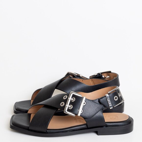 Ganni Shoes - GANNI Square Toe Sandals Black Cross Strap Buckle EU 41